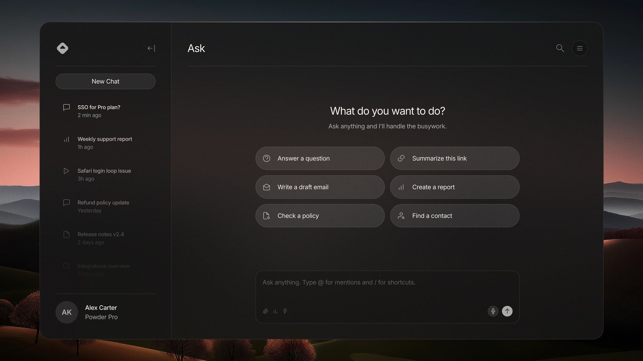 Ask: Empty state dashboard with quick-action prompts like "Answer a question" and "Write a draft email," conversation sidebar, dark theme with sunset background.