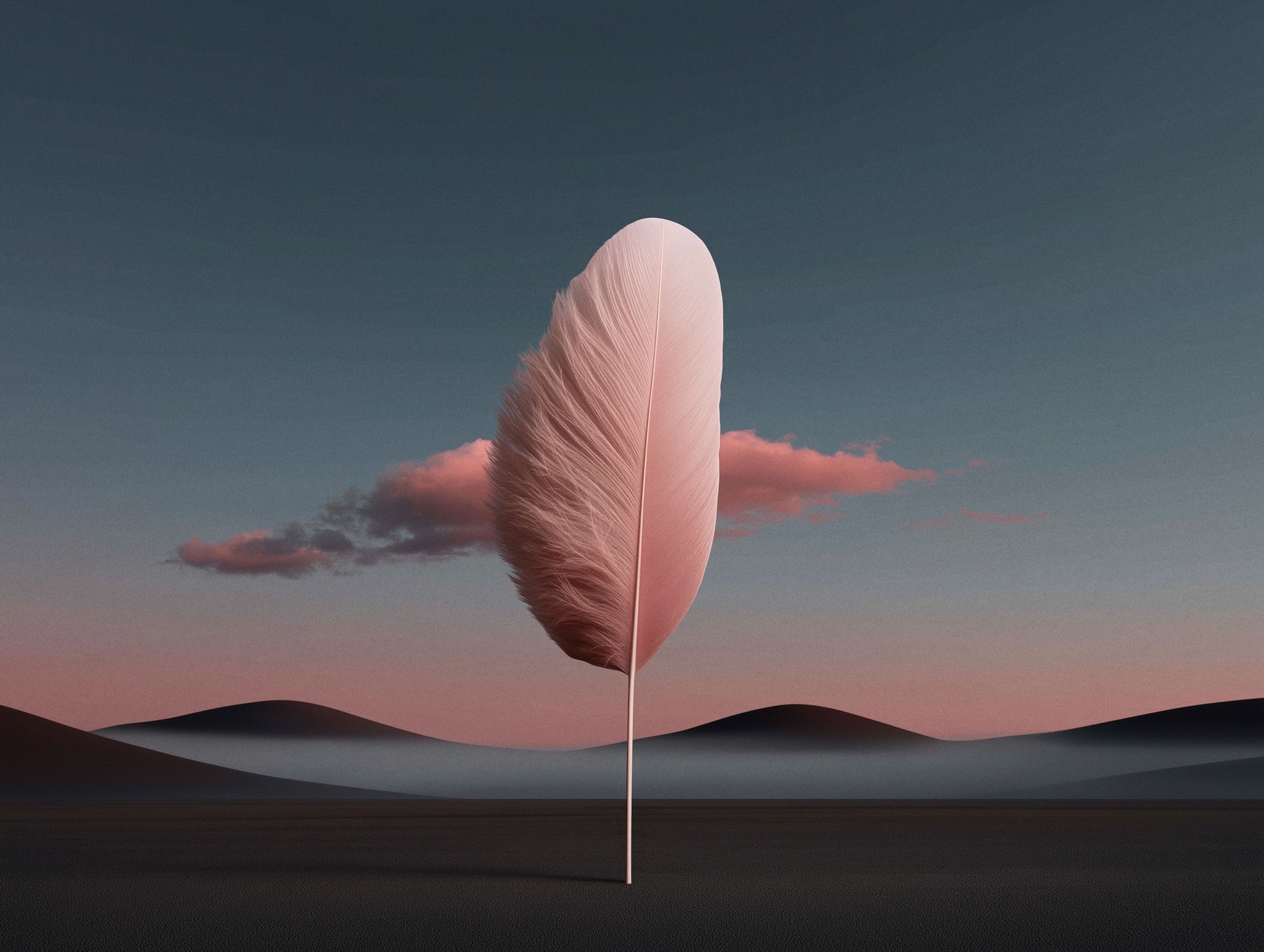 White feather floating above a desert landscape at twilight